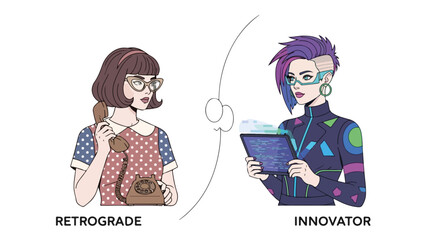 Then and now showcases a generational comparison of retro communication versus future technologies.