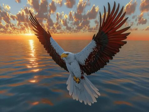 Majestic Bird of Prey Soaring Over Sparkling Ocean at Sunset