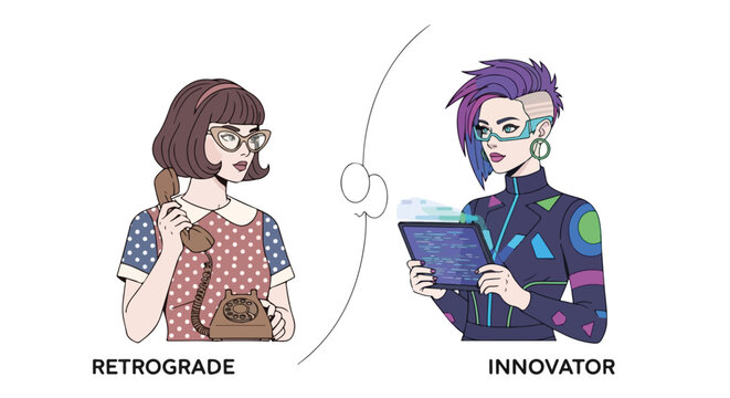 Then and now showcases a generational comparison of retro communication versus future technologies.