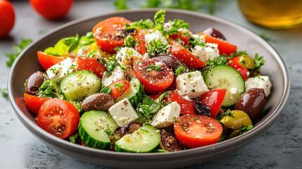 Fresh Greek salad with tomatoes, cucumbers, olives, and feta cheese, garnished with herbs