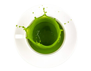  Exploding Green Tea Splash from Cup Top View, isolated on transparent background PNG