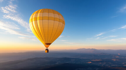 Fototapeta premium Vibrant hot air balloon floats gracefully in evening sky, surrounded by serene mountains