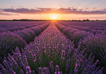 Obraz premium Sunset over rows of lavender in a field
