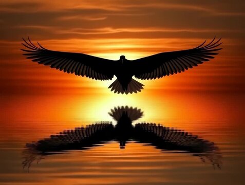 Soaring Silhouette: An Eagle Flying Over a Sunset on the Water