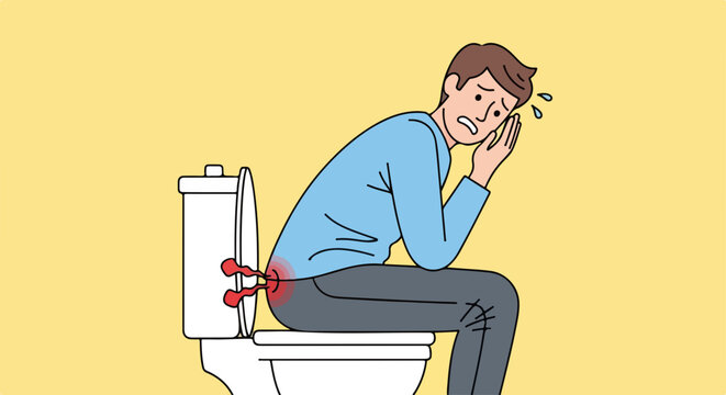 Experiencing hemorrhoid pain with discomfort in bathroom, experiencing hemorrhoid flare-up with stress. Internal hemorrhoid pain making one uncomfortable and stressed, causing bleeding and irritation.