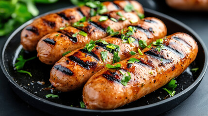 Juicy grilled sausages garnished with fresh herbs on black plate, perfect for delicious meal