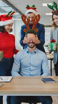 vertical.Man wearing reindeer antlers sitting at desk with colleagues in Santa hats holding gifts in decorated office. Indoor corporate holiday photography. Christmas office party and workplace celebr