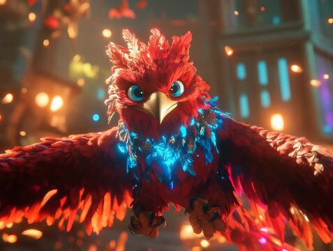 Majestic Red Bird with Glowing Accents in Flight