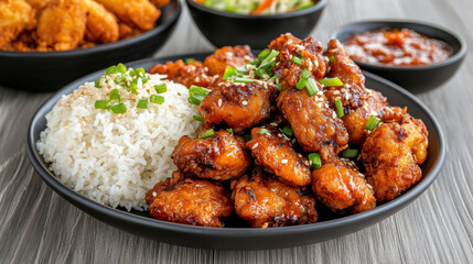 Fototapeta premium Delicious Korean fried chicken served with rice and garnished with green onions, perfect