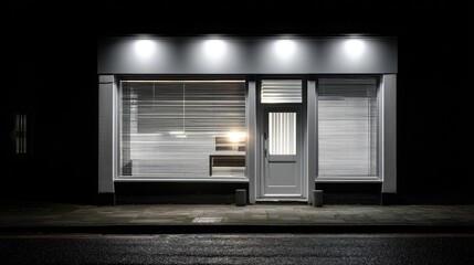 Empty storefront at night, illuminated by spotlights