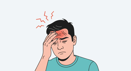 Man with a headache suffering from pain, touching forehead with hand. Headache is debilitating. Person suffering from headache due to stress and tension, needs medical care for severe headache.
