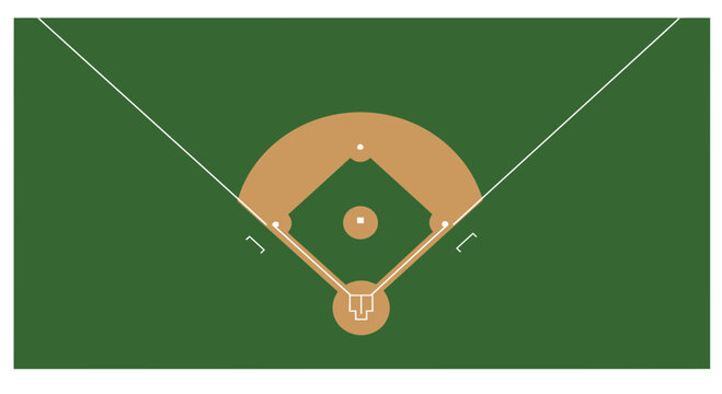 An aerial view diagram of a baseball field showing the diamond, bases, and pitcher's mound.