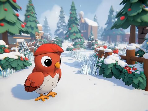 Cute Cartoon Bird in a Winter Wonderland with Snowy Trees and Town