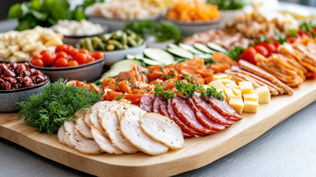 Delicious cold buffet featuring sliced meats, cheeses, and fresh vegetables arranged beautifully