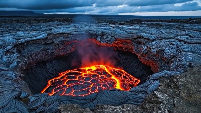Glowing lava pool within a volcanic crater, surrounded by dark, textured solidified lava flows under a dramatic, cloudy sky