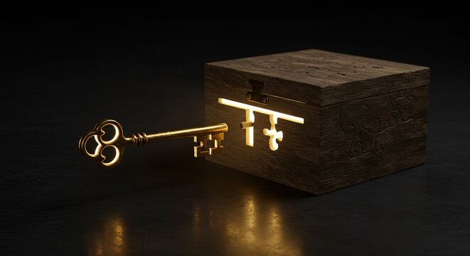 Golden Key Emerging from Mysterious Wooden Treasure Box