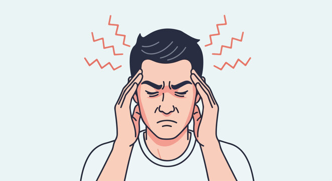 Experiencing a headache illustration with man holding head in pain. Headache results from stress and tension causing discomfort. Use this headache image for advertising campaigns, blog posts,