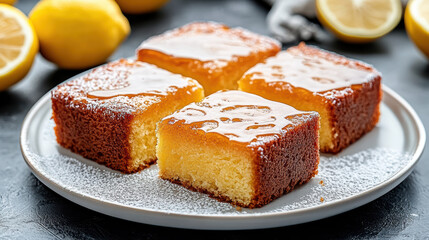 Lemon drizzle cake slices with glossy sugar glaze on white plate, surrounded by fresh lemons