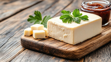 Creamy cheese with parsley and jam on wooden board evokes rustic charm