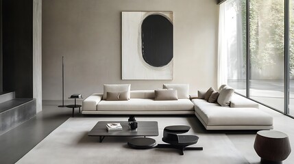 Interior modern minimalist living room with light colored sofa abstract art for natural light stylish design architecture real estate interior design marketing editorial projects concept