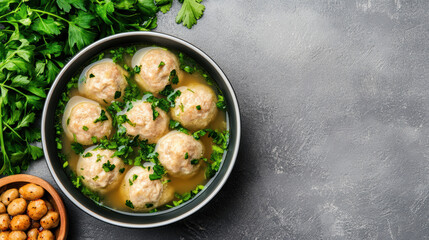 Delicious liver dumpling soup in clear broth garnished with fresh herbs