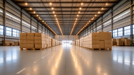 Obraz premium Large warehouse interior with stacked cardboard boxes, bright lighting, and spacious layout
