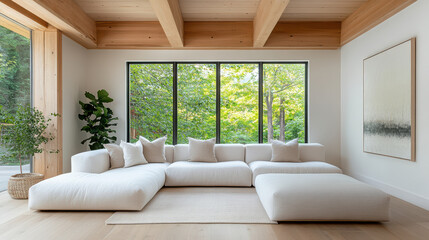 Fototapeta premium Modern low platform couch in neutral room with large windows showcasing greenery outside