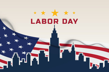 labor day city skyline with waving flag