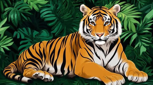 Majestic Tiger Resting in Lush Green Jungle Foliage