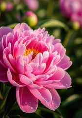Captivating close-up of a blooming pink peony with delicate water droplets