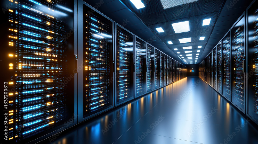 Poster high tech server room with illuminated racks, showcasing advanced technology and data storage