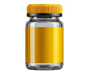 Clear glass vial with yellow cap and blank label for product display
