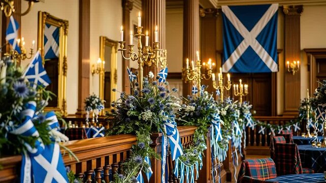Elegant hall decorated for a Scottish celebration. Featuring Saltire flags, tartan patterns, and thistle floral arrangements in a festive, traditional setting.
