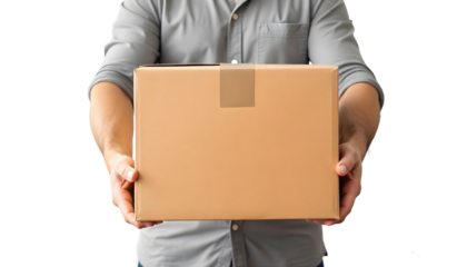 A man displays a brown box with a label, representing the joy of unboxing during Black Friday and Cyber Monday sales