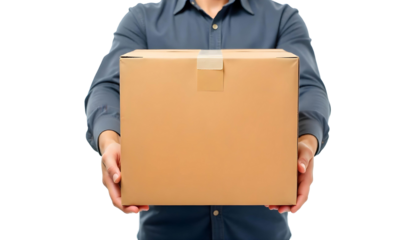 A man with a brown box labeled for a sale, symbolizing the excitement of Cyber Monday and small business Saturday shopping