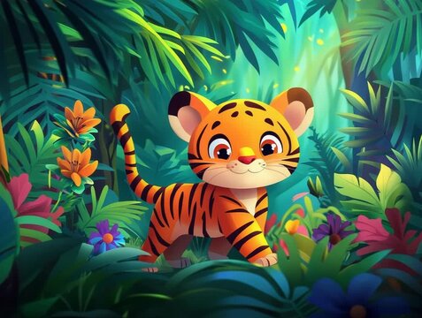 Playful Cartoon Tiger Cub in a Lush, Tropical Jungle Setting