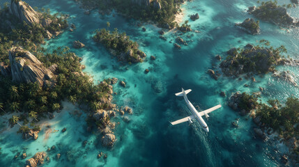 Aerial View of a Seaplane Flying Over Turquoise Waters and Lush Tropical Islands
