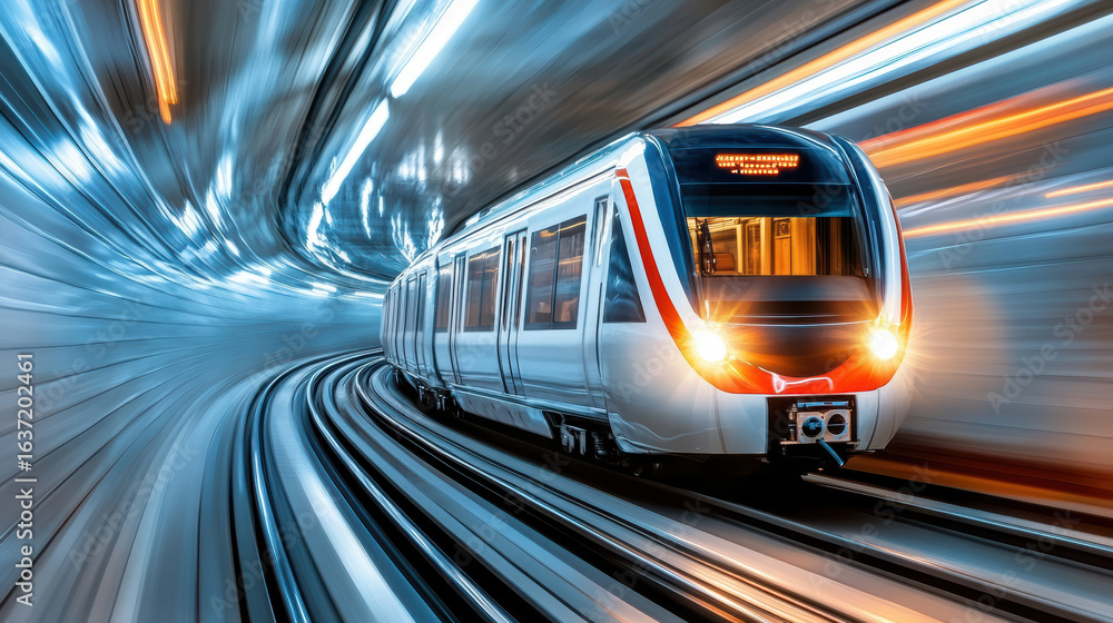 Poster fast metro train in motion through tunnel with dynamic light reflections