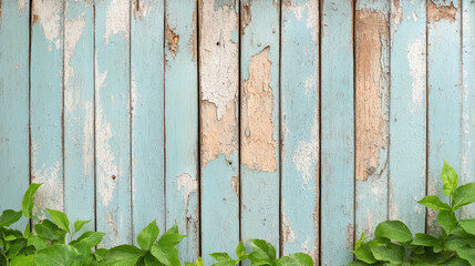 Faded blue wooden fence with peeling paint and green leaves at bottom creates rustic charm
