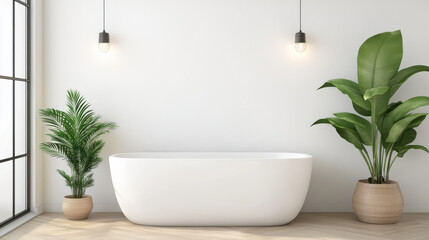 Minimal white bathroom interior with soft lighting and greenery creates serene atmosphere