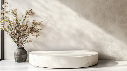 Minimalist product display on white pedestal with vase and flowers, creating serene atmosphere
