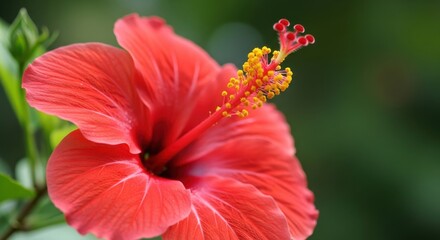 Elegant Close-Up of a Vibrant Red Hibiscus Blossom with Detailed Stamens