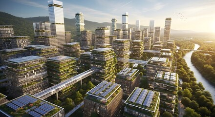 Fototapeta premium Aerial view of a sustainable futuristic city with vertical gardens, solar panels, and elevated transport.