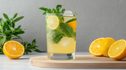 Fototapeta premium Refreshing mocktail with mint and citrus fruits in highball glass