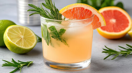 Refreshing mocktail with herbs and citrus fruits garnished with rosemary and grapefruit