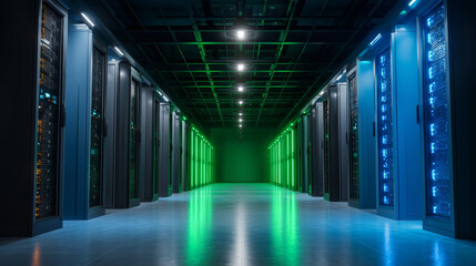 Fototapeta premium Server Room with Illuminated Racks and Reflective Floor