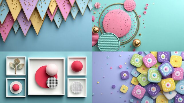 and keyword list based on the image you provided

 Colorful shapes, decorations on blue & purple backgrounds for celebrations and artwork