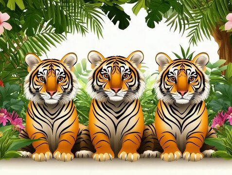 Three Adorable Tiger Cubs Amidst Lush Tropical Foliage