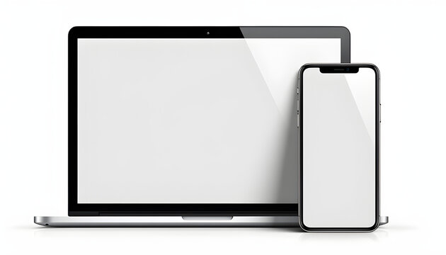 Laptop Computer and Mobile Phone Mockup. Digital devices screen template vector illustration with transparent background.