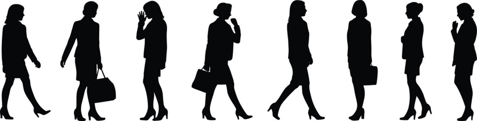 Flat vector illustration of business women walking, talking, and standing, black silhouette design, corporate lifestyle, office fashion, professional teamwork concept